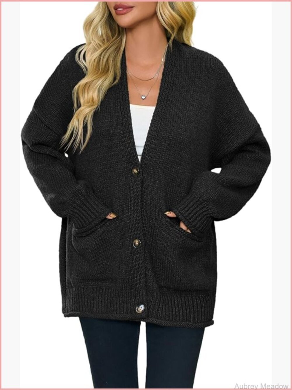 Chunky V-Neck Cardigan Sweater Puff Sleeve Knit Button Down with Pockets